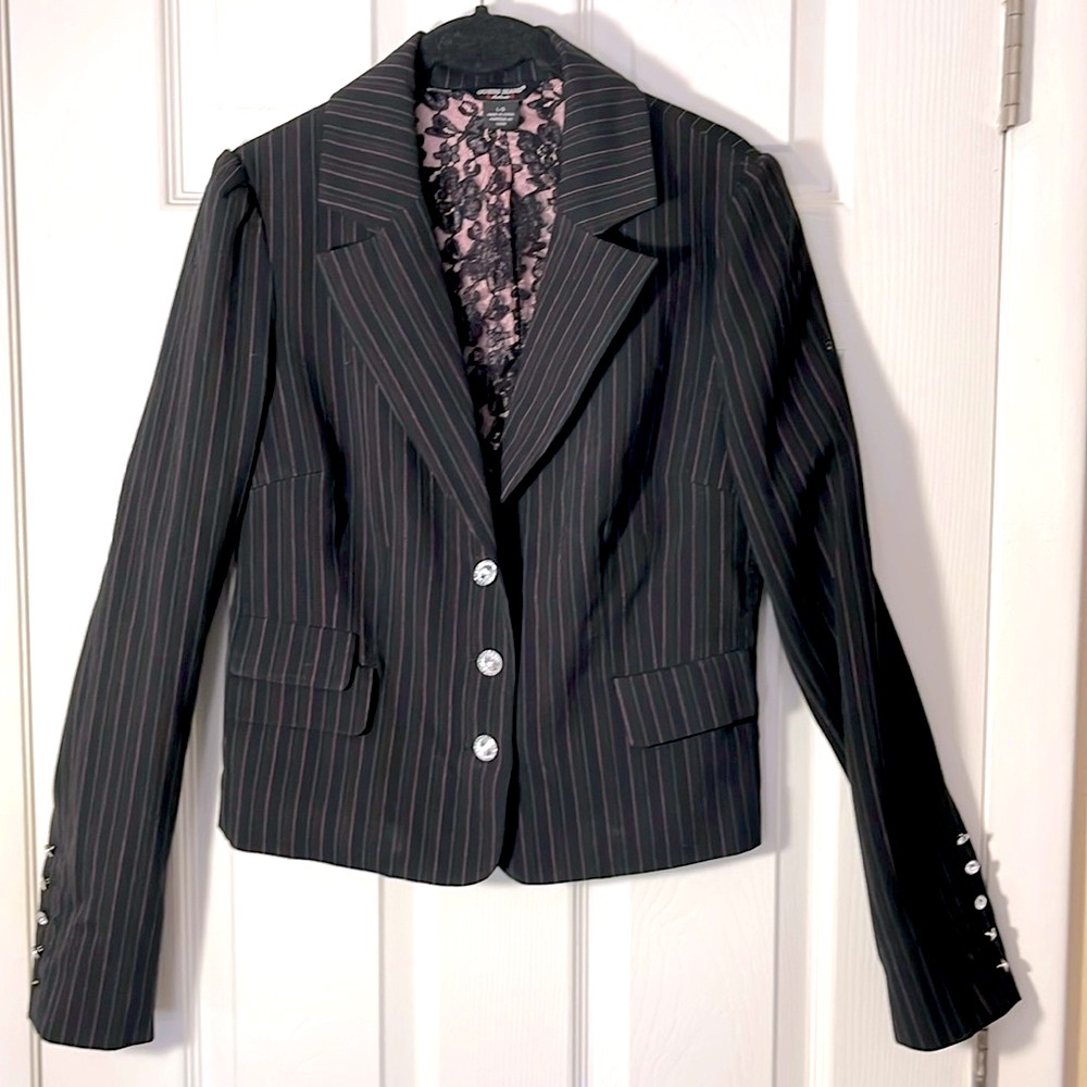 Guess Jeans Y2K cropped pinstriped blazer jacket black pink rhinestone buttons L